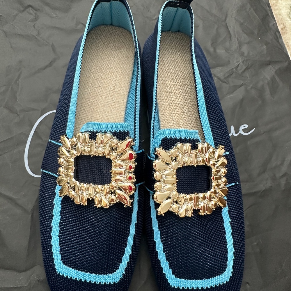 Chic Navy and Gold Loafers with Crystal Detail - Picture 2 of 6